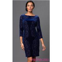 Short Royal Blue Print Suede Dress with Three Quarter Length Sleeves by Marina - Discount Evening Dr