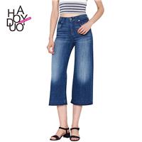 Wind fashion classic casual cropped pants washed the old fashion high waist skinny wide leg jeans -