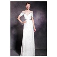 In Stock Charming Satin & Transparent Net & Beaded Tulle Bateau Neck Sheath Long Prom Dress With Bea