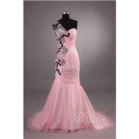 Queenly Trumpet-Mermaid One Shoulder Court Train Tulle Evening Dress with Pleating and Appliques COZ