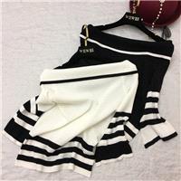 Vogue Split Solid Color Slimming Flare Sleeves Bateau Meryl Stripped Knitted Sweater - beenono.com