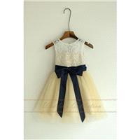 Champagned Dress with Ivory Lace Top Flower Girl Dresses, Tulle Flower Girls Dress With Navy Blue Sa