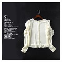 Split Front Hollow Out Scoop Neck Spring Frilled Long Sleeves Lace Chiffon Top - Lafannie Fashion Sh