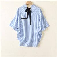 Oversized Simple Bow Bat Sleeves Blouse Stripped Short Sleeves Cozy Top Blouse - Lafannie Fashion Sh