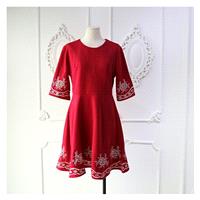 Vintage Embroidery Scoop Neck 1/2 Sleeves Zipper Up Dress - Lafannie Fashion Shop