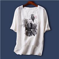 Must-have Oversized Printed Plus Size Short Sleeves Ramie White T-shirt Top Basics - Discount Fashio