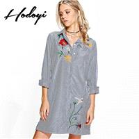 Vogue Embroidery Pocket Horizontal Stripped Vegetation Fall Blouse Dress - Bonny YZOZO Boutique Stor