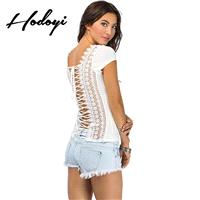 2017 ladies winter fashion sexy backless lace back DrawString embroidery stitching t-shirt - Bonny Y