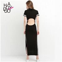 Slimming High Neck Short Sleeves Split Stripped Dress - Bonny YZOZO Boutique Store