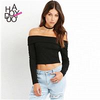 Street Style Sexy Slimming Bateau Off-the-Shoulder One Color 9/10 Sleeves Crop Top T-shirt Top Basic