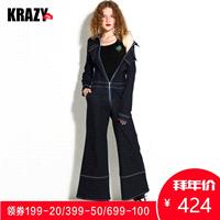 Embroidery Zipper Up Cowboy Trendy Stripped Flare Trouser Jumpsuit - Bonny YZOZO Boutique Store