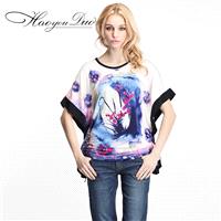 Ethnic Style Oversized Printed Frilled Sleeves Curvy Batwing Sleeves Scoop Neck Ink Paint T-shirt -