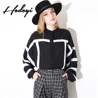 2017 summer styles dresses small stand collar black and white color striped mosaic loose long sleeve