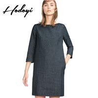 Must-have Office Wear Oversized Simple 3/4 Sleeves Zipper Up Cowboy One Color Fall Dress - Bonny YZO
