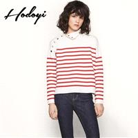 School Style Vogue Sweet Solid Color Slimming Fall Casual 9/10 Sleeves Buttons Stripped Sweater - Bo