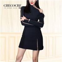 Sexy Split Front Sheath Off-the-Shoulder 9/10 Sleeves Black Formal Wear Dress - Bonny YZOZO Boutique