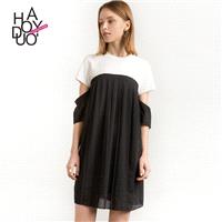 Vogue Solid Color Pleated Short Sleeves Black & White Summer Dress - Bonny YZOZO Boutique Store