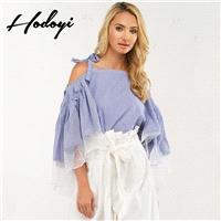 Vogue Sexy Split Front Ruffle Off-the-Shoulder 3/4 Sleeves Tulle Fall Tie Stripped Blouse - Bonny YZ