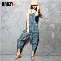 Lively arts style pop print cross strap drop cotton, linen jumpsuit pants summer 7606 - Bonny YZOZO
