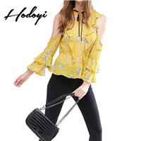 Vogue Sexy Vintage Frilled Sleeves Off-the-Shoulder Multi Layered Floral Fall Tie Blouse - Bonny YZO