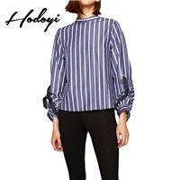Oversized Vogue Solid Color Bow Hollow Out Fall 9/10 Sleeves Stripped Blouse - Bonny YZOZO Boutique