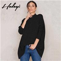 Oversized Vogue Simple High Neck 3/4 Sleeves Drop Shoulder One Color Spring Casual Sweater - Bonny Y
